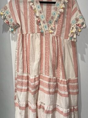 Peach-Striped Boho Tassel Dress